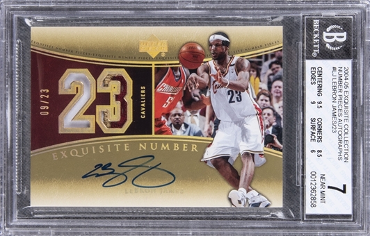 2004-05 UD "Exquisite Collection" Number Pieces Autographs #LJ LeBron James Signed Patch Card (#09/23) – BGS NM 7/BGS 9 
